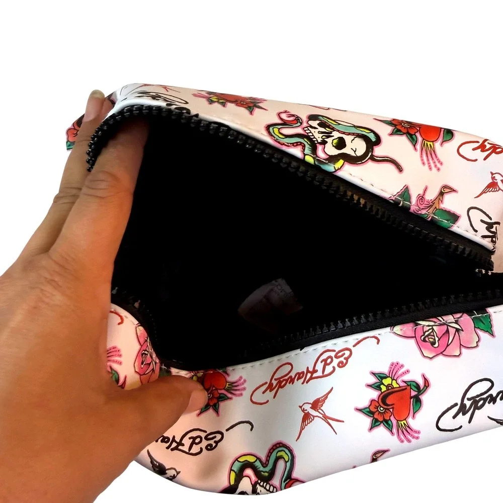 Ed Hardy Cosmetic Bag Womens White Tattoo Print‎ Skull Rose Y2K Travel Bag NWT